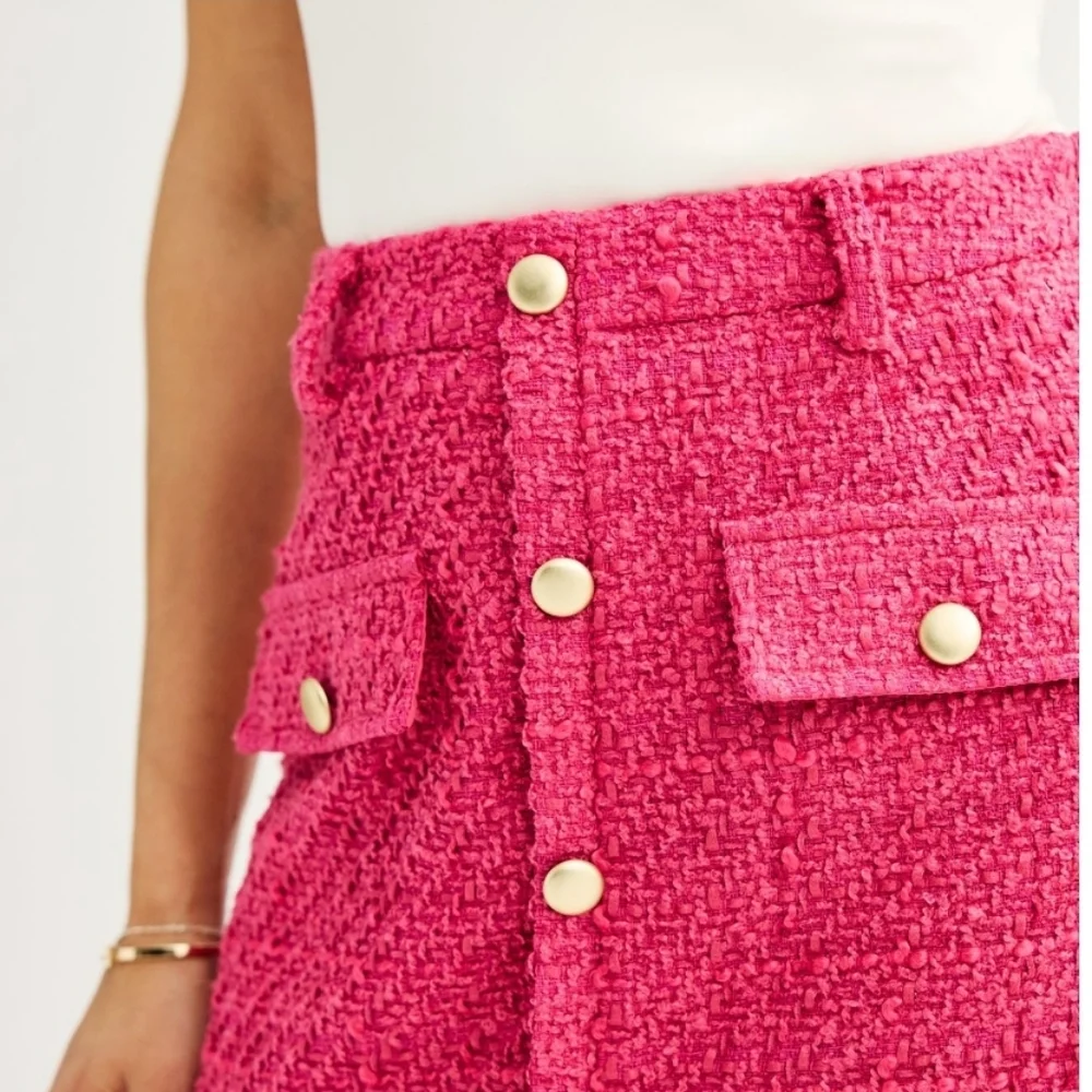 NWT Nine West Pink Tweed Mini Skirt Gold Buttons‎ Women's Size XL